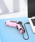 Pink Cordless Screwdriver Set With Automatic Torque Control And Sensor connected to laptop for charging