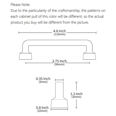 Diagram of Six Pack White Marble Zinc Alloy Cabinet Pulls with dimensions, 96 mm hole centers, 113 mm length, 29 mm projection.