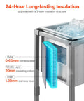 Close-up of Rolling Ice Chest Cooler Cart with Stainless Steel Build on Wheels, highlighting 24-hour insulation layers.