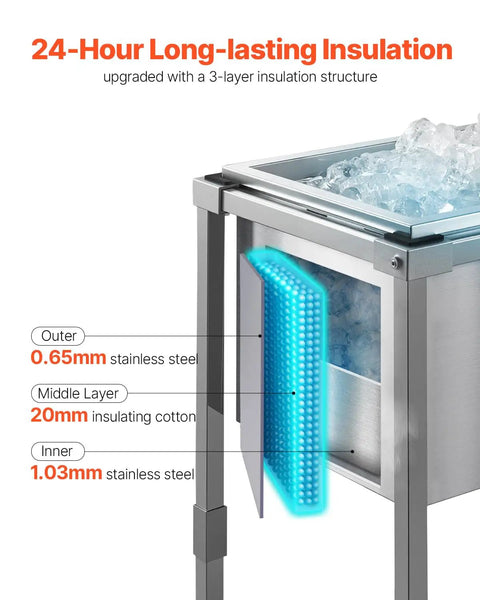 Close-up of Rolling Ice Chest Cooler Cart with Stainless Steel Build on Wheels, highlighting 24-hour insulation layers.
