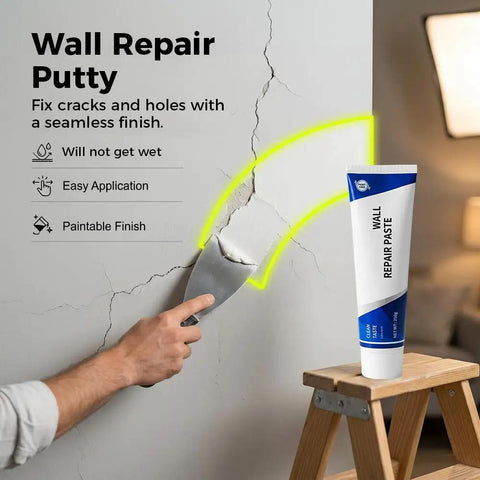 Person using Wall Repair Paste Kit For Cracks And Holes With Quick Drying Formula on cracked drywall with scraper