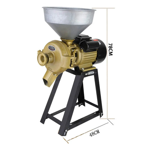 High Power 3500W Grain Mill Grinder For Dry And Wet Grinding, stainless steel, on metal stand, with funnel, for kitchen and farm use.