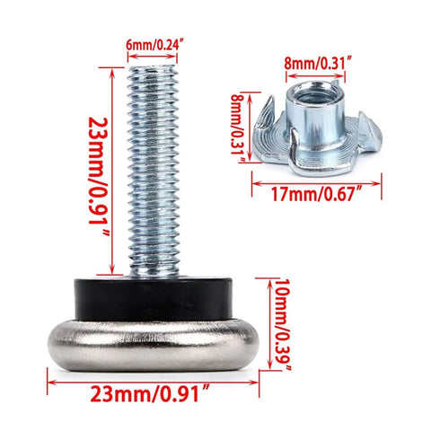 Adjustable Table Leg Levelers With Felt Pads M6, T nut dimensions shown, rust resistant for stable furniture leveling.
