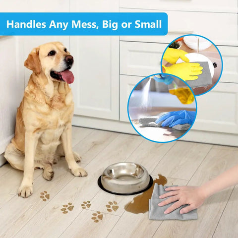 100 Pack Microfiber Cleaning Cloths Dispenser Box Lint Free Ultra Absorbent Reusable Rags wiping floor near dog bowl.