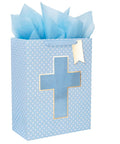 Blue Cross Window Gift Bag With Ribbon Handles, Totally Perfect For Baby Boy Baptisms, Christenings, And First Communions, Comes With Tissue Paper, 10 By 5 By 13 Inches, 1 Bag