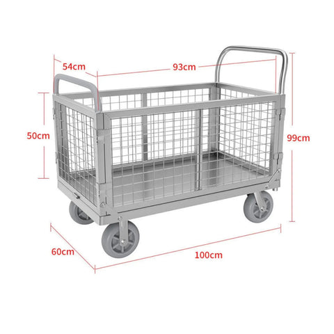 Beefed Up Heavy Duty Flatbed Wire Mesh Cart With Dual Handles And High Fence Sturdy Steel Construction Four Swivel Industrial Wheels Easy Haul For Steel Plates Up To 100 By 60 Heavy Load Trolley, 100x60cm