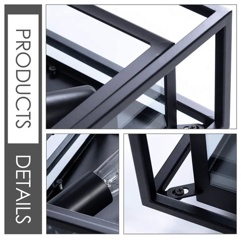 Details of Sleek Black Flush Mount Ceiling Light Square Fixture With Glass Shade And Industrial Metal Cage Two Light Dimmable Ceiling Lamp.