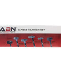 Box displaying Six Piece Hammer Set For Metalworking: Forging, Pein, And Sledge Hammers, Rugged Hand Tools For Tapping Nails.