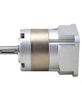 Kickin Performance Nema 17 Planetary Gearbox with 5mm input and 8mm output shaft, silver metal design, side view.