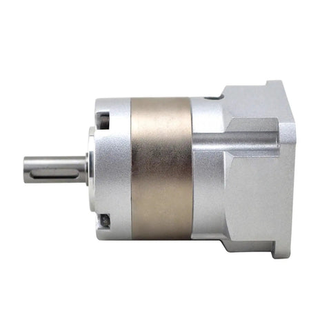 Kickin Performance Nema 17 Planetary Gearbox with 5mm input and 8mm output shaft, silver metal design, side view.