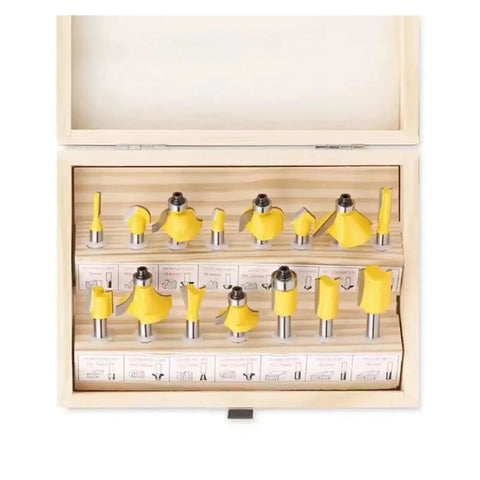 Top Tier 15 Pc Router Bit Set With 8mm Shank Carbide Cutting Edges For Precision Wood Trimming in a wooden case.