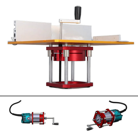 Premium Rock Solid Aluminum Router Lift Kit For Woodworking Tables Featuring Smooth 54 Mm Micro Adjustment and Complete Fence Insert Plate Hardware Setup viewed from the side.