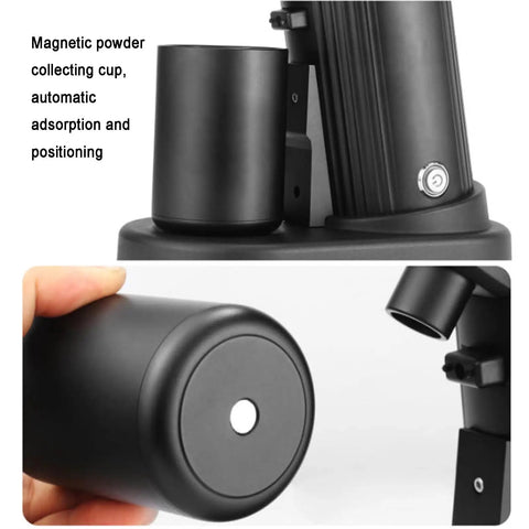Pro Level Electric Conical Burr Coffee Grinder With 55mm 30G Single Dose Burrs And No Drama Micro Dial showing magnetic powder collecting cup.