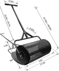 27 Inch Compost Spreader and Lawn Roller with Upgraded T Shaped Handle for Garden Care, showcasing dimensions and metal construction.