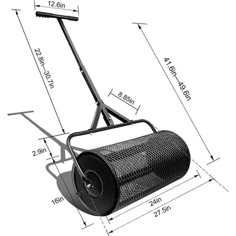 27 Inch Compost Spreader and Lawn Roller with Upgraded T Shaped Handle for Garden Care, showcasing dimensions and metal construction.