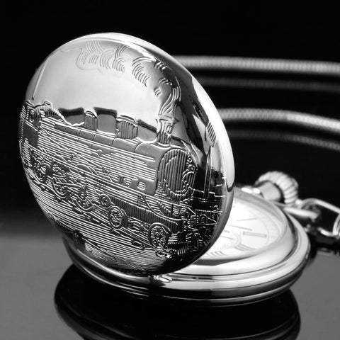 Vintage Silver Train London Design Hand Wind Mechanical Pocket Watch With Chain No Battery Needed Keeps Time Daily Old School Rail Style For Collectors And Gentlemen