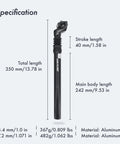 Smooth Ride Bike Suspension Seat Post With 40mm Travel And Adjustable Clamp Angle, 6061 Aluminum, Dimensions and Weight