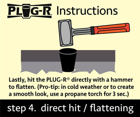 Illustration of step 4 for using Three Quarters Inch Asphalt Plugs 25 Pack For Quick Driveway And Pavement Repair with hammer hitting a plug.