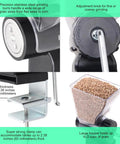 Hand Crank Grain Mill With Stainless Steel Burrs For Multi Grain Grinding Wheat Rice Oats Barley Rye Peppercorns And Spices Adjustable Coarseness From Cracked Grain To Fine Flour Durable Manual Wheat Flour Grinder For Fresh Baked Goods At Home with adjustable knobs, stainless steel burrs, clamp, and hopper.