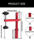Heavy Duty Aluminum Workbench Clamps With 19mm And 20mm Holes Holdfasts showing dimensions and red finish for woodworking.