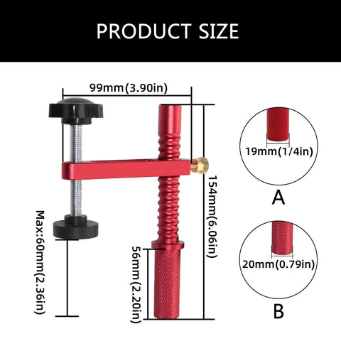 Heavy Duty Aluminum Workbench Clamps With 19mm And 20mm Holes Holdfasts showing dimensions and red finish for woodworking.