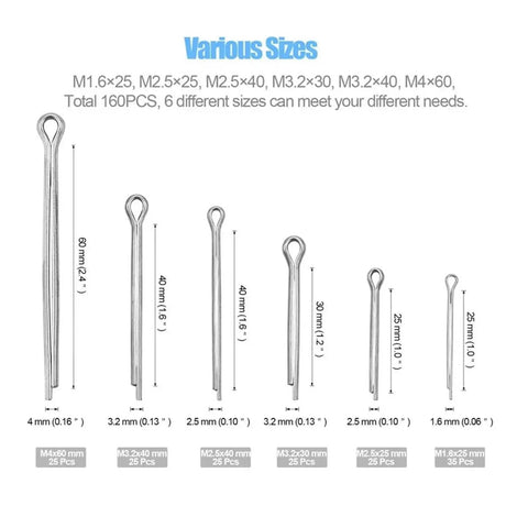 Various sizes of Stainless Steel Cotter Pin Kit 340Pcs Split Pins Assortment Set With M1.6 M2.5 M3.2 M4 U Shape Clips