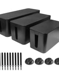 Black three pack cable management box for desk large medium small cord organizer to hide power strips and wires under TV and computer set