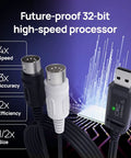 U2MIDI Pro USB MIDI Interface Cable With Filter And Mapper, high-speed USB and MIDI connectors, futuristic circuit background.