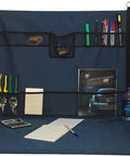 Mini Portable Standing Desk Workstation For Home Office Garage Shop, Lightweight Foldable Work Surface With Built In Storage, Ideal Jobsite Desk On The Go, Space Saver, Easy Setup And Tidy Organization, Black shown with office supplies.