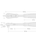 Diagram of Three Eighths Inch Drive Flex Head Long Ratchet With Quick Release Comfort Grip, 12 Inch Reach, 90 Tooth Gear, 180 Degree Flex.