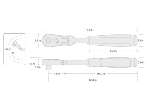 Diagram of Three Eighths Inch Drive Flex Head Long Ratchet With Quick Release Comfort Grip, 12 Inch Reach, 90 Tooth Gear, 180 Degree Flex.
