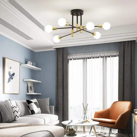 Sputnik Chandelier Modern Pendant Light Fixture In Black And Gold With Adjustable Arms For Living Room