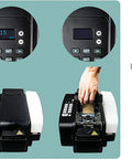 Automatic Electric Water Activated Tape Dispenser High Speed Gummed Paper Tape Machine With Precision Cutter showing control panel and loading feature.