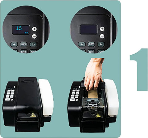 Automatic Electric Water Activated Tape Dispenser High Speed Gummed Paper Tape Machine With Precision Cutter showing control panel and loading feature.