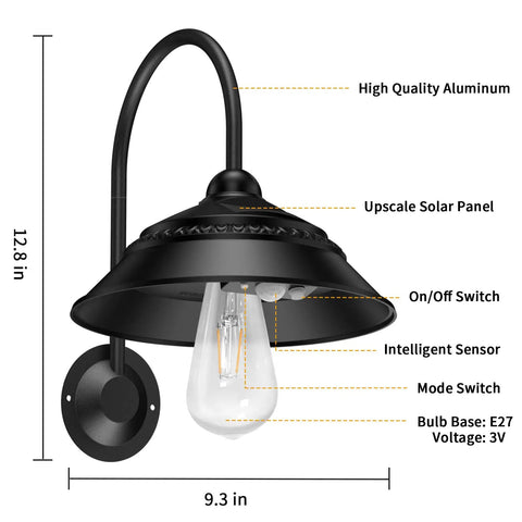 Dope Solar Barn Lights Outdoor Motion Sensor Sconces With 3 Modes, black aluminum, warm white, wall mount with dimensions.