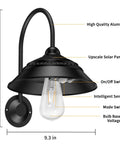 Solar Barn Lights Outdoor Wall Sconces Rustic Vintage Farmhouse Light With Motion Sensor And Three Lighting Modes Warm White Wall Mount Fixture For Shed Black 2 Pack, highlighting dimensions and features.