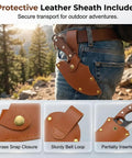 Two Pack Hand Forged Chef Knife And Cleaver Set in leather sheath with brass snap on a belt during hiking