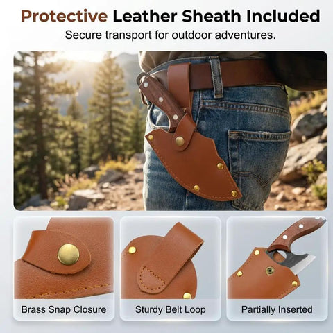 Two Pack Hand Forged Chef Knife And Cleaver Set in leather sheath with brass snap on a belt during hiking