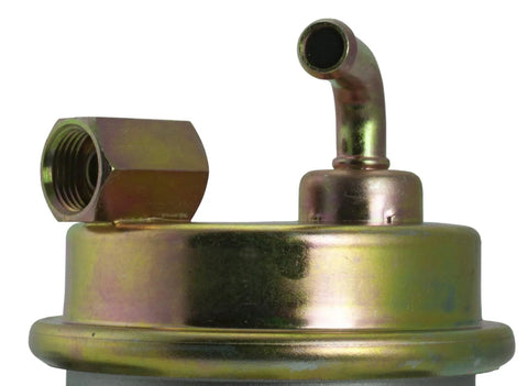 Close-up of Mechanical Fuel Pump System Replacement for Classic GM Rides and Trucks designed for 1971-1989 models showing inlet pipe.