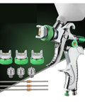 Pro Grade Adjustable Paint Sprayers Featuring Hella Slick Flow Control And Premium Stainless Steel Airbrush Kit showing spray gun with nozzles and needles.