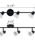 Dimensions of 4 Light Track Bar Lighting With Glass Heads In Cool Matte Black Finish, XB-TR1237-4-MB, mounted, adjustable heads.
