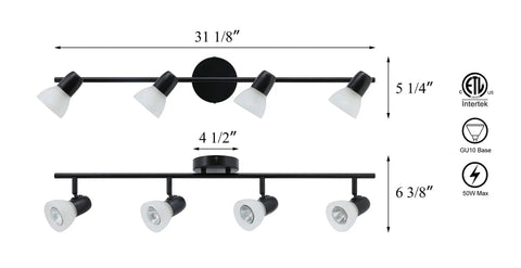 Dimensions of 4 Light Track Bar Lighting With Glass Heads In Cool Matte Black Finish, XB-TR1237-4-MB, mounted, adjustable heads.