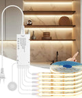 12V Modular COB LED Cabinet Light Strips, 6 X 3.3ft, Touch Dimmer, 3000K Warm Glow, installed on marble shelves in kitchen
