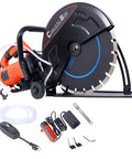Heavy Hitter 14 Inch Electric Concrete Saw With Kickass 15 Amp Motor And Razor Sharp Diamond Blade For Fast Wet Cutting Of Stone Brick Tile And Pavers With No Sweat Dust Control And Built In Water Line, with accessories in view.