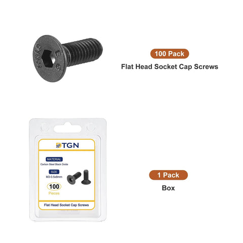 M3 0.5x8mm Hex Socket Flat Head Screws 100 Pack Carbon Steel Black Oxide Full Thread Countersunk Bolts packaging