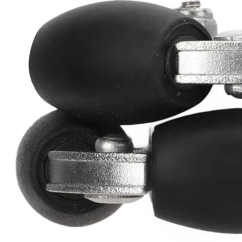 Double aluminum omni wheel assembly; close-up view showing two black wheels and silver brackets