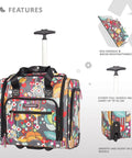 Underseat Carry On Rolling Bag For Women, 15 Inch Lightweight Weekender with floral design, showing telescoping handle and wheels.
