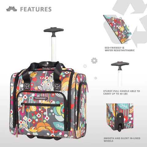 Underseat Carry On Rolling Bag For Women, 15 Inch Lightweight Weekender with floral design, showing telescoping handle and wheels.