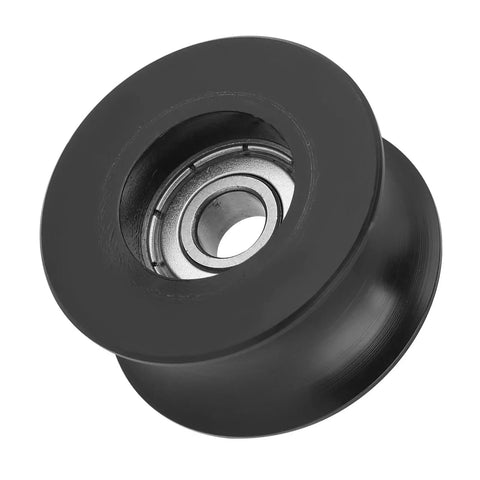 Heavy Duty 4 Pack U Groove Pulley Set With Guide Wheels showing a close-up of a black pulley wheel with metal bearings for sliding door tracks.