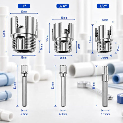 Three Piece PVC Pipe Threader Kit With Dual Internal And External Threading For Half Inch, Three Quarter Inch, And One Inch Pipes, Built Tough Carbon Steel, Drill Compatible, DIY Plumbing And Water Pipe Repairs, 1/2 3/4 1in